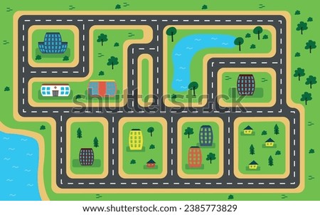 Vector illustration of a beautiful top view road map. Cartoon scene of children's road map with different colored houses, trees, Christmas trees, green bushes, blue lakes and roads. Road maze.