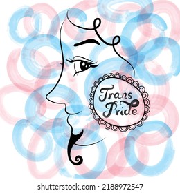 Vector illustration of a beautiful transgender person with big eyes, long eyelashes, curly hair and beard smiling proudly and wearing earrings with text Trans Pride on light blue and pink background.
