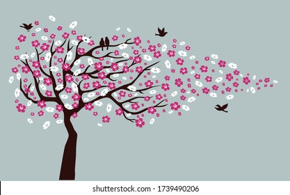 Vector Illustration Of Beautiful Tree And Birds