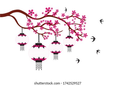 Vector illustration of beautiful tree branch with hanging kandeel flying birds for Deepawali. Diwali Decoration.