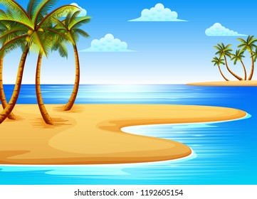 Ilustración vectorial de la hermosa vista de la playa tropical con algunos cocoteros en la costa