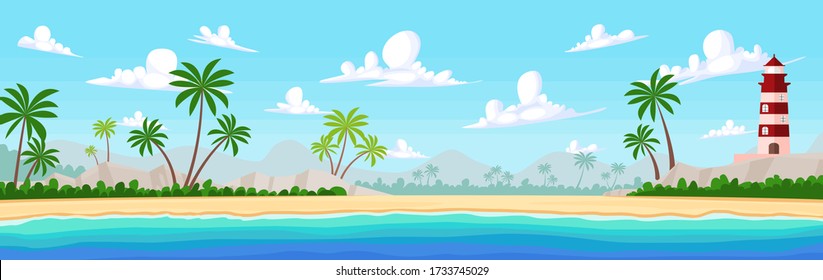 Vector illustration of beautiful tropical beach panoramic view with mountain, blue sky, clouds, palm tree, rocks and lighthouse in flat cartoon style. - Summer vacation sea beach concept.