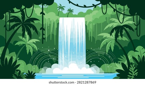 Vector illustration of a beautiful tropical jungle waterfall landscape with lush green rainforest foliage, palms and water stream.