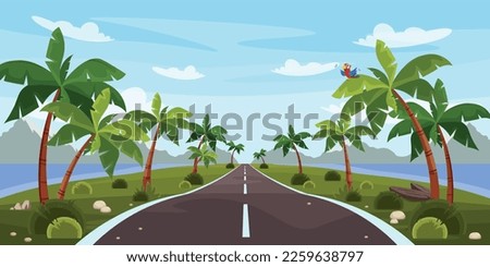  Vector illustration of a beautiful tropical landscape. Cartoon summer landscape with blue sky and clouds, mountains, ocean and road in the middle of the island with palm trees and parrots. Vacation