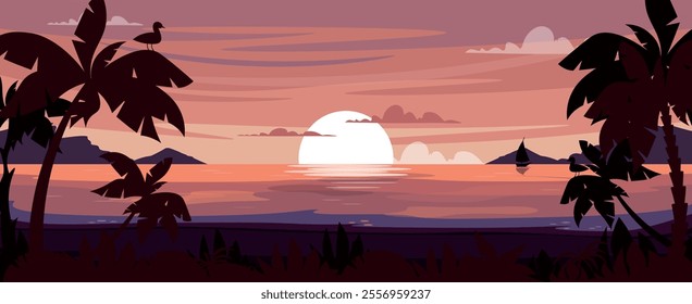 Vector illustration of a beautiful tropical sunset landscape. Cartoon scenes of the sun on the horizon, a sailboat on the sea, a beach, dark silhouettes of palm trees, plants, rocks, seagulls.