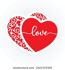 Ilustración vectorial hermosa Dos corazones juntos con florecimiento y cita Amor aislado en fondo blanco. Plantilla de tipografía romántica, tarjeta, logotipo.  