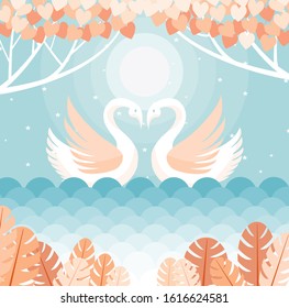 Vector and illustration of beautiful two white swans in the lake at the romantic bright moonlight.