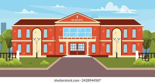 Vektor-Illustration eines schönen zweistöckigen Schulgebäudes. Cartoon-Szene einer modernen Schule außen mit Fenstern, Säulen, einem Balkon, Türen, Straßenlaternen, Büschen, Bäumen, einem Zaun, einer Straße.
