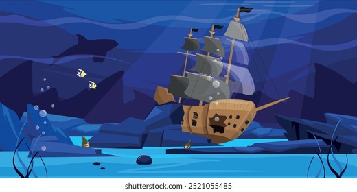 Ilustração vetorial de uma bela paisagem subaquática com um navio afundado. Cena de desenhos animados vista subaquática com navio pirata afundado, garrafas de rum, peixes, tubarões, recifes, rochas subaquáticas, pedras, algas.
