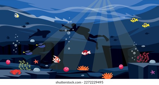 Vector illustration of a beautiful underwater world. Cartoon seabed with a silhouette of a scuba diver with fish, starfish, crab, algae, coral reefs. A diver dives to the seabed.