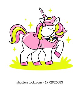 Vector illustration of beautiful unicorn with horn in a fashion pink dress on white color background with green grass and star