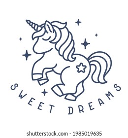 Vector illustration of beautiful unicorn with horn and star on white color background with text, line art style