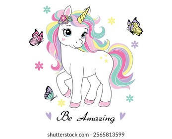 Vector illustration, beautiful unicorn surrounded by flowers and butterflies. Design for printing on shirt, poster, banner. Lovely print for t-shirt