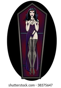 vector illustration of a beautiful vampire in a coffin