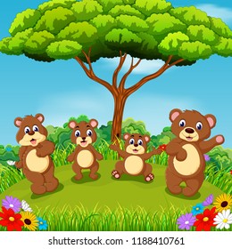 vector illustration of the beautiful view with the group of brown bear playing together