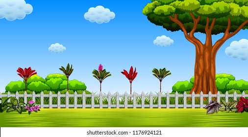 vector illustration of the beautiful view with the large tree and long fence