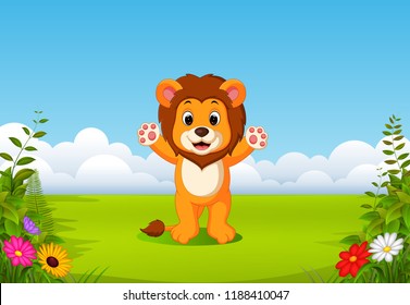 vector illustration of the beautiful view with the little lion waving his hand in the field