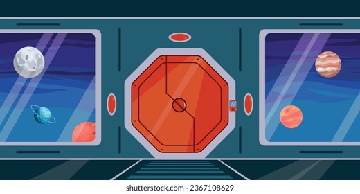 Vektorgrafik eines schönen Ausblicks aus einem Raumschiff. Cartoon-Innenlandschaft in einem Raumschiff mit einer Metalltür, großen Fenstern und Blick auf verschiedene Planeten im Weltraum.