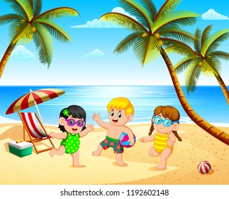 vector illustration of the beautiful view with three children playing in the beach under the blue sky