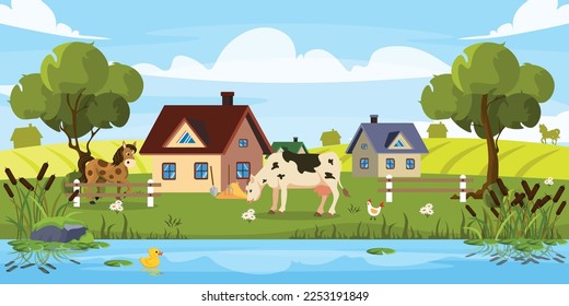 Vector illustration of a beautiful village. Cartoon landscape with houses, fields, horse, cow, chicken, duck in pond, flowers, trees and fence.