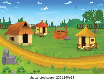Vector illustration of beautiful village cartoon background of green meadows and surrounded by trees and mountains.