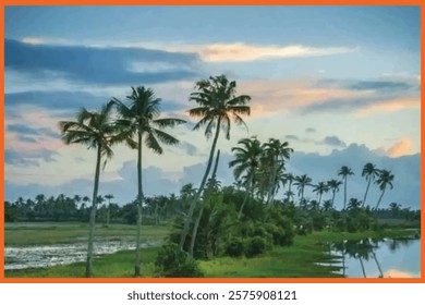 Vector Illustration of a Beautiful Village Landscape with tree and cloud, in the Background. The Grassy Field Shines Green