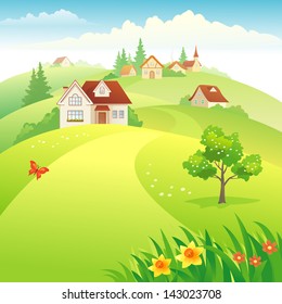 Vector illustration of a beautiful village on the hills at springtime