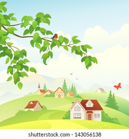 Vector illustration of a beautiful village view and a leafy branch with a bird