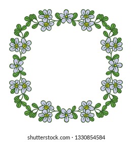 Vector illustration beautiful violet flower frame with leaf green hand drawn