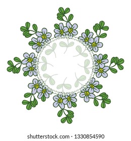 Vector illustration beautiful violet flower frame with leaf green hand drawn