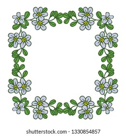 Vector illustration beautiful violet flower frame with leaf green hand drawn