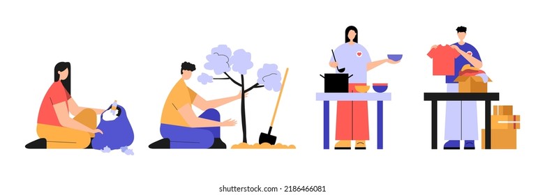 Vector illustration of beautiful volunteers. Cartoon scene with men and women who clean the streets, plant trees, cook food and donate clothes.