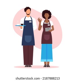 Vector illustration of beautiful waiters. Cartoon scene with man and girl waiters who meet visitors to a cafe with a cup of coffee.