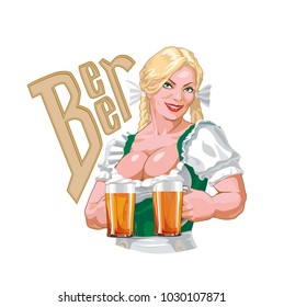 Vector illustration. Beautiful waitress with beer in hand.