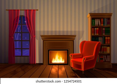 Vector illustration of beautiful warm christmas interior. Classic furniture, design elements. Living room with fireplace. Winter cold weather outside. Glowing flame, library, bookshelf. Red velvet.