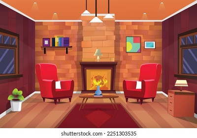 Vector illustration of beautiful warm interior, living room with fireplace. Winter cold weather cartoon background.