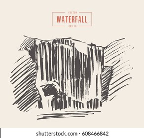 Vector illustration of beautiful waterfall, hand drawn
