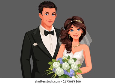 Vector illustration of beautiful wedding couple, bride and groom in standing position with bouquet