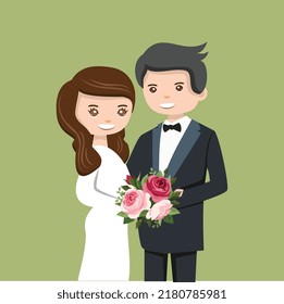 Vector illustration of beautiful wedding couple, bride and groom in standing position. Bride holding bouque