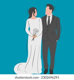 Vector illustration of beautiful wedding couple, bride and groom in standing position