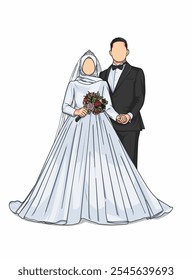 Vector illustration of a beautiful wedding couple, bride and groom in a standing position with a bouquet. Faceless cartoon potrait 