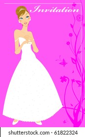 Vector Illustration of beautiful wedding invitation with pretty bride.