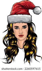 Vector illustration of a beautiful white blonde woman with Christmas Santa hat