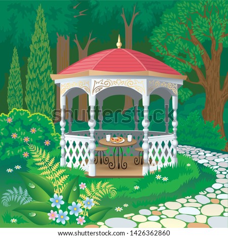 Vector illustration of a beautiful white decorative gazebo in a summer blooming garden near the forest