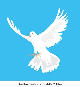 Vector illustration of beautiful white dove flying way up in a blue sky