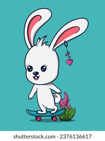 vector illustration of a beautiful white rabbit playing skateboard. cute animal icon concept