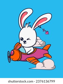 vector illustration of a beautiful white rabbit riding an airplane. cute animal icon concept