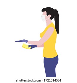 Vector illustration of beautiful white woman in medical protective mask hold out hand with money and receive the delivery package. Quarantine delivery servise. Woman customer, online shopping

