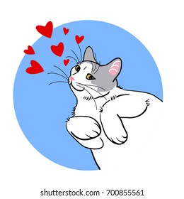Vector illustration of beautiful white-grey cat lying and snuggling paws