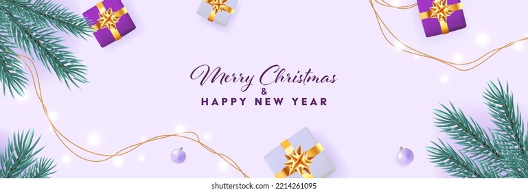 Vector illustration of beautiful winter background with gift, garlands, Christmass tree with Marry christmass and Happy new year text. Santa, winter, gift, present, holiday. Celebrate concept